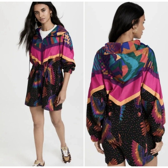 Farm Rio Rainbow Birds Sweatshirt Romper Women's XL Hooded NWT - Picture 3 of 16